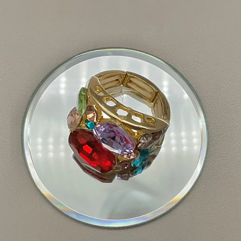 Ring Women Gold Tone Multi Color Crystal Bold Statement Stretch Band Size 8